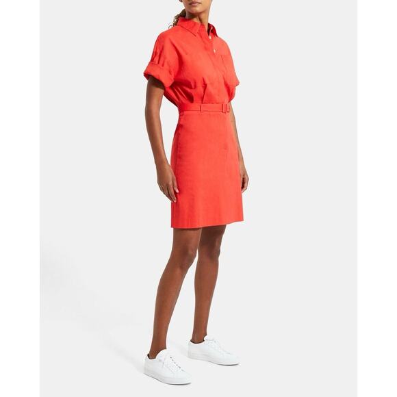 Theory Belted Shirt Dress in Stretch Linen Poppy Short Sleeve Size 4 NEW - Picture 2 of 14